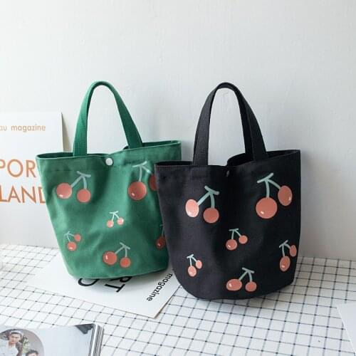 New Canvas School Lunch Bag Womens Bucket Bag Cute Portable Lunch Box Lunch Box Bag Cherry Bag