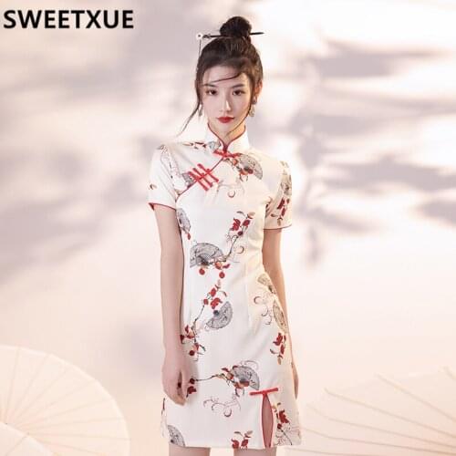 SWEETXUE Female 2021 New Fashion Modern Girl Chinese Style Elegant Printing Casual Mini Cheongsam Dress Chic Vestidos