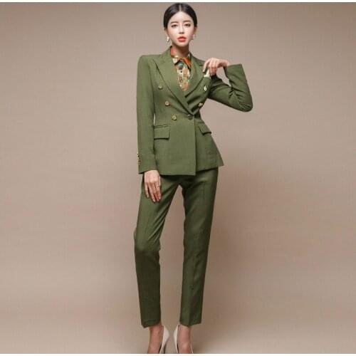Winter Autumn 2019 New Work Office Two Piece Set Double Button Green Blazer and Pants Sheath Modis Streetwear Fall 2 Piece Set