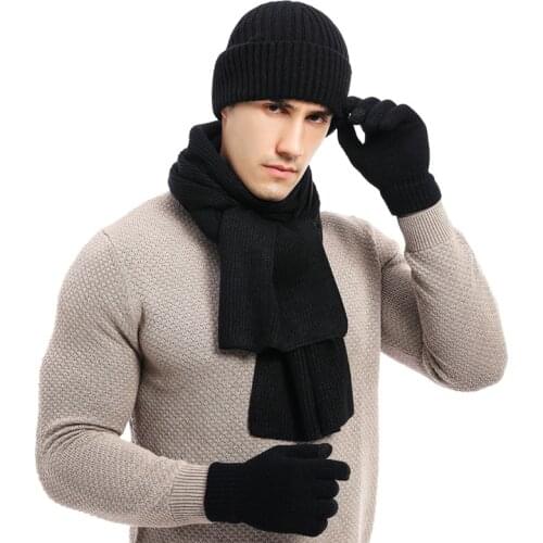 2021 autumn winter mens warm suit mixed color knitted wool thickened hat scarf gloves three pieces