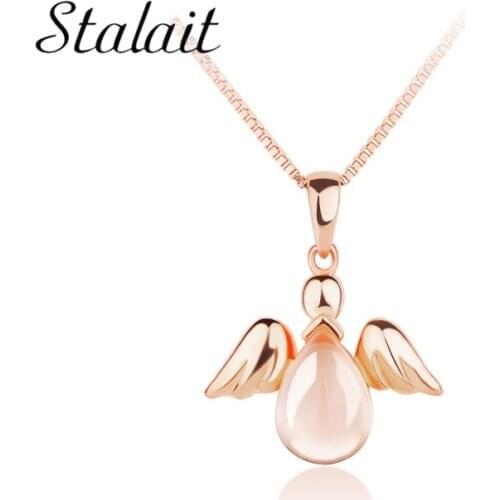 Authentic Rose Gold Guardian Angel Heart Pendant Necklaces Dazzling CZ Opal Pendant Luxury Women Jewelry