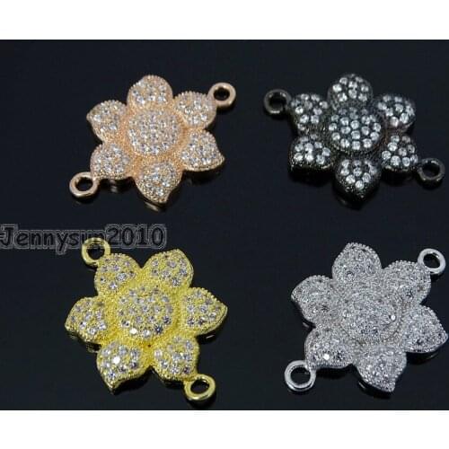 Clear Zircon Gems Stones Pave Six Petal Flower Bracelet Connector Charm Beads Silver Gold Rose Gold Gunmetal 10Pcs/Pack