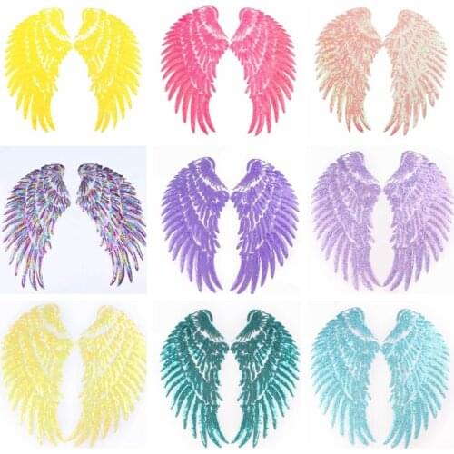 Pulaqi New 1 Pair Wings Sequin Patch Embroidered Patches For Clothes Stripe Iron Sew On Patches Applique Stickers On Clothes DIY