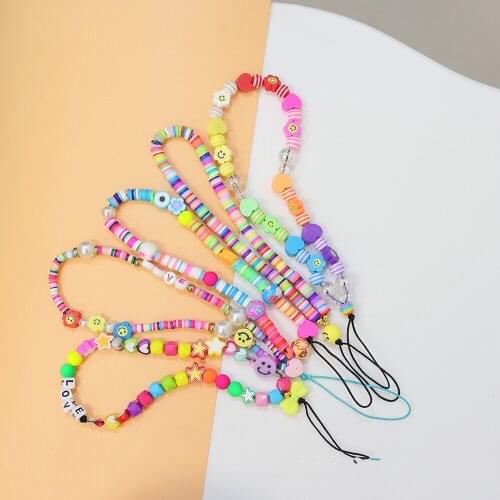BLUE STAR 2021 New Bohemian colorful soft clay mobile phone chain for women acrylic rainbow ceramic love crystal beads mobile ph