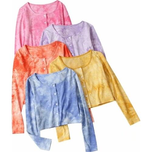 2021 spring new European and American style round neck personality tie-dye long-sleeved T-shirt women cardigan cropped top Women