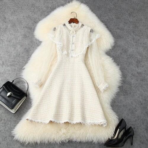 European and American womens wear 2020 winter new style Bud silk long sleeve Collars collared with tweed fashion dress