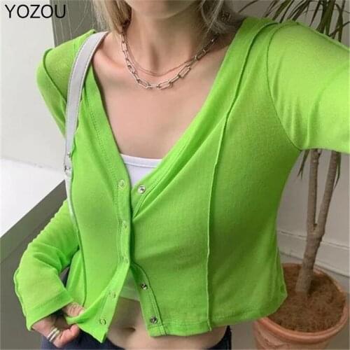 Fall Y2k V-neck Solid Streetwear T-shirts with Long Sleeves Green Black White Crop Top Femme Women Button Up Single Breasted