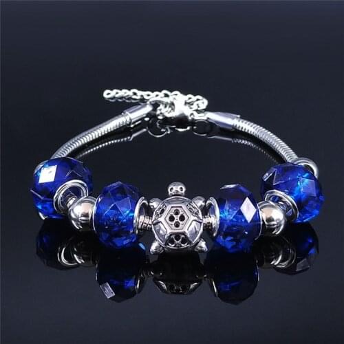 AFAWA Tortoise Stainless Steel Blue Glass Bead Charm Bracelet for Women Silver Color Bracelets Jewelry pulseras mujer moda BXS01