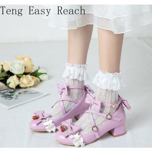 2021 New Style Lolita Bow Butterfly-knot Lace Strawberry Pumps Women Spring Summer Buckle Strap Party Sweet Shoes Size 43