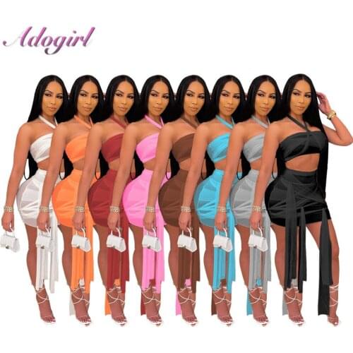 2021 Sexy Summer Sheer Mesh Beach Two Piece Set Solid Halter Bandage Crop Tops Skirt Suit Party Club Matching Set Outfit Dress