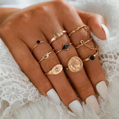 5PCS/8PCS/9PCS/Set Fashion Geometric Round Rings Simple V-shaped Star Rhinestone Rings Popular Rose Leaves Moon Opening Rings