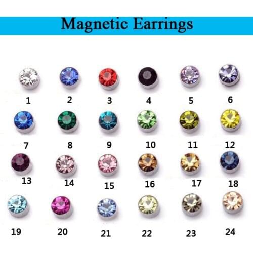 Alisouy 48pcs 5/6/7mm 24 mix color magnet circle crystal earring magnetic earrings fake ear stud earrings for men women