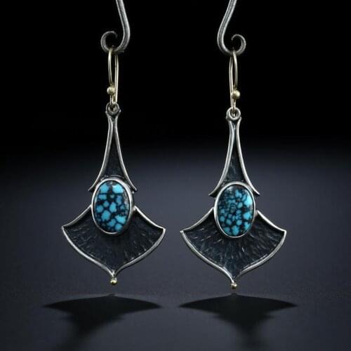 Boho Ethnic Fan Shaped Turquoises Stone Earrings Tribal Metal Water Drop Black Coating Water Drop Earrings Jewelry