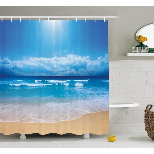 Beach Shower Curtain Seascape Theme Landscape of The Beach and The Cloudy Sky in Summer Digital Print Bathroom Curtains