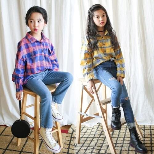 Korea style girls plaid loose shirt long sleeve cotton fashion casual tops teenage girls clothing