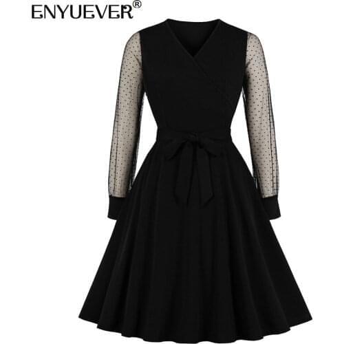 Enyuever Little Black Dress Elegant Women Formal Clothes Long Sleeve Mesh Sashes V Neck Robe Pin Up Swing Party Ladies Dresses