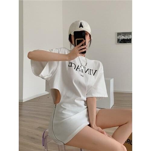 Fashion womens T-shirt 2021 summer new style, careful machine exposed waist design, zipper two-wear T-shirt top