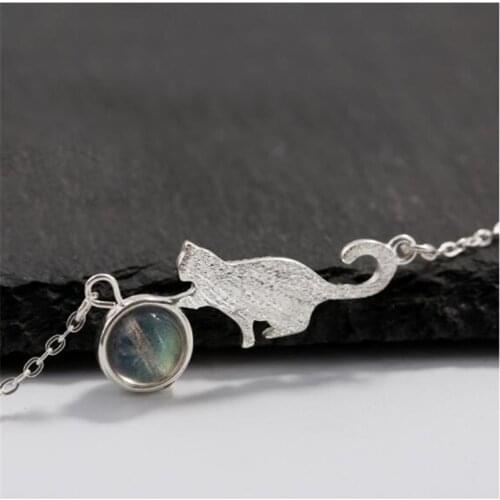 Fashion 925 Sterling Silver Moonstone Cat Charm Bracelet &Bangle For Women Wedding Party Jewelry SL061