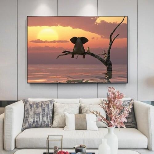 Cartoon Poster Interesting Little Elephant Oil Painting Mural Art Animal Painting Nordic Poster Print Childrens Home Decoration