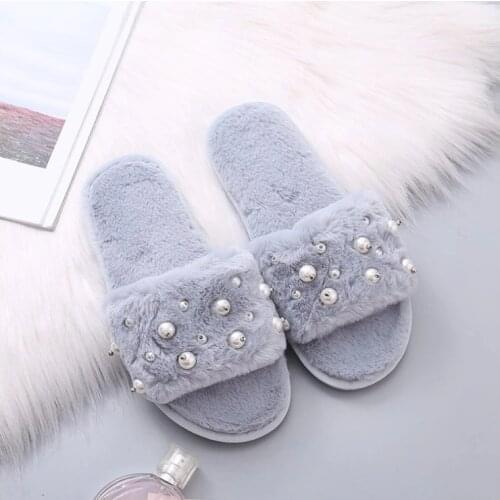 2018 autumn and winter new fur slippers fashion pearl flat bottom non-slip warm home cotton slippers womens shoes