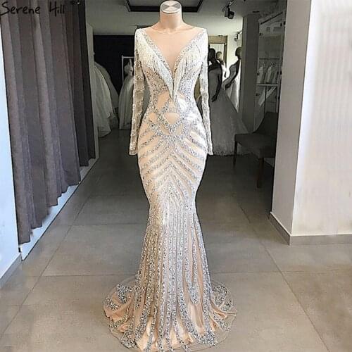 Nude Slim Mermaid Luxury New Evening Dresses 2021 Long Sleeves Beading Tassel Fashion Formal Evening Gown LA6594