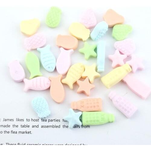 Wholesale 100pcs Kawaii Pastel Colors Resin Cabochons Food Fish Fruit Pineapple Star Candy Biscuit Cameo Beading Material Button