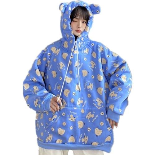 2021 Autumn Cartoon Full Print Hooded Sweatshirt Cute Bear Ears Hoodies Raglan Long Sleeves Kangaroo Pocket Pullovers Moletom