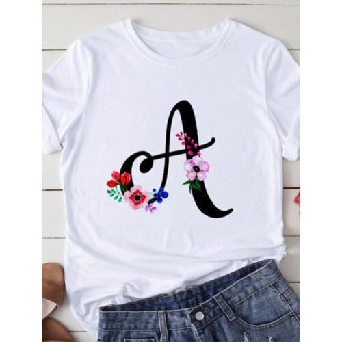 A TO Z English Alphabet Letter Print T Shirt Women Short Sleeve O Neck Loose Tshirt Summer Women Tee Shirt Tops Camisetas Mujer