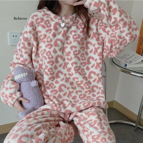 Pajamas Women New Ins Style Fall/winter Double-sided Fleece Sanded Bottom Pink Leopard Print Home Wear Pajamas Set