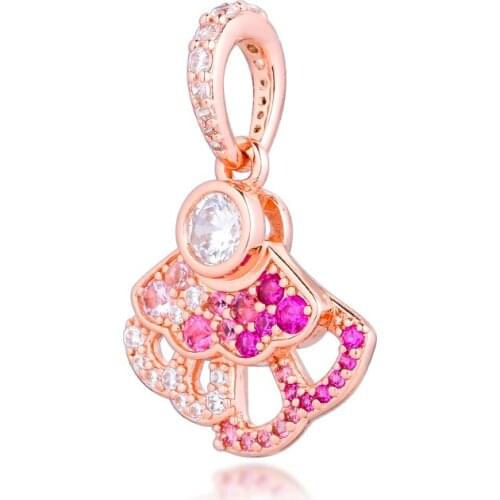 Fits For Pandora Charms Bracelets Pink Fan Rose Beads 100% 925 Sterling-Silver-Jewelry Free Shipping