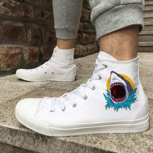 Wen Original Design Sea Shark Teeth Opened Mouth Canvas Shoes Athletic Women White Black High Top Men Skateboarding Sneakers