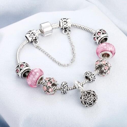 Vintage Luxury Pink Crystal beads Bracelet Unique Women Charm Heart Elephant Flower Pendant Friendship Bangles DIY Jewelry Gifts