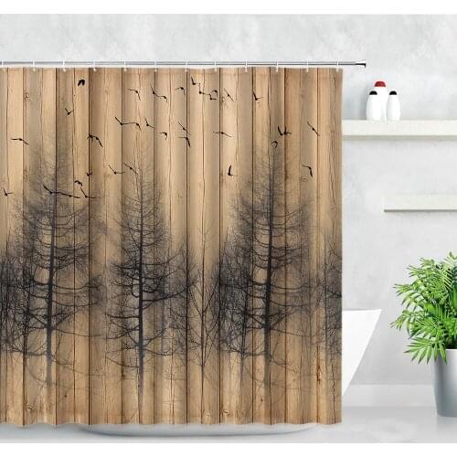 Waterproof Fabric Shower Curtain Sets Retro Wood Board Flowers Plant Trees Backdrop Printing Bath Decor Screen Bathroom Curtains