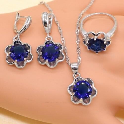 XUTAAYI Silver Jewelry Sets For women flower Blue Cubic Zirconia White CZ Fancy Wedding Necklace/Rings/Earrings Set