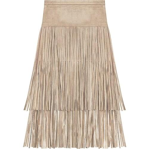 2021 New Womens Suede Tassel High Waist Skirt Women Mid-length Hip Skirt A-line Skirts