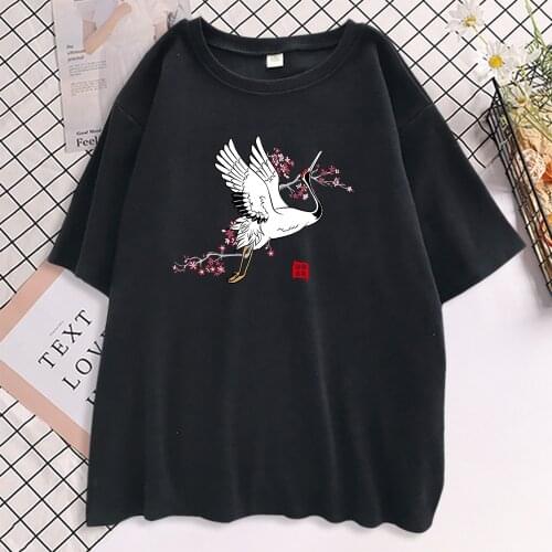 Chinese Classic Crane Printing Female T Shirt Cartoon Oversize T Shirts Brand 2021 Summer Clothing Street Loose Women T-Shirt