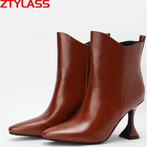 Plus Size Womens Boots Faux Leather Thin High Heel Ankle Boots Ladies Slip On Pointed Toe Short Boots Autumn Winter Women Shoes