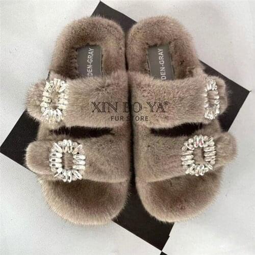 Winter 100% Mink Fur Slippers High-End Luxury Customization 2021 Womens Shoes Flat Fashion Flat Heel Luxury Fluffy Sandals