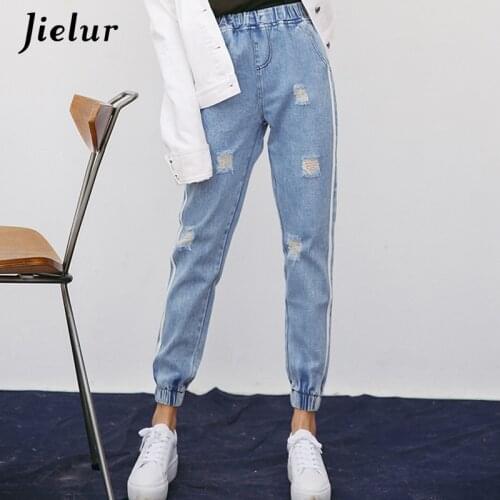 Jielur Harajuku Fresh Striped Holes Ripped Jeans for Women Preppy Style Elastic High Waist Jeans Femme Jeans Mujer 2020