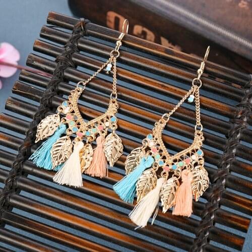 Womens Earrings Colorful Tassel Vintage Bohemia Leaf Drop Ear Ring Woman Accessories Classic Women Jewelry Hoop Earring