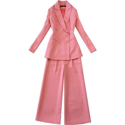 Two piece sets women autumn new pink slim double-breasted long blazer+ ankle length high waist wide leg pants office lady