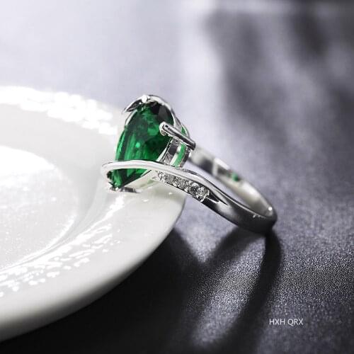 HXH QRX 925 Sterling Silver AAA Zircon Green Crystal Ring For Women Fashion Wedding Engagement Party Charm Jewelry