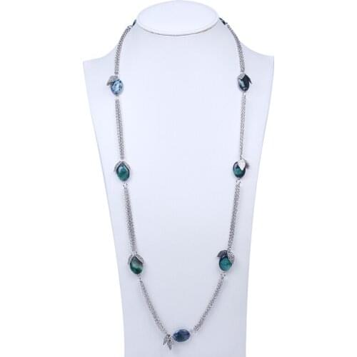 2016 fashion stone necklace vintage figaro chain with leaf charms green stone long necklace costume jewelry gift idea for her