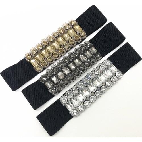 2019 Big Crystal Gem Waistband Women White Grey Champagne Rhinestone Elastic Waist Belt Cestus Elegant Ladies Shirt Belt Strechy