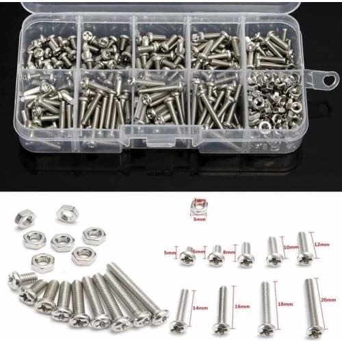 340pcs M3 Cross Head Bolt Nut A2-70 304 Stainless Steel Cap Screw Fastener Phillips Machine Screw Assorted Kit