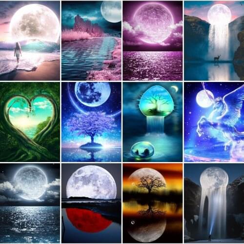 AZQSD Diamond Painting Moon Waterfall Cross Stitch Handmade Full Drill Diamond Embroidery Landscape Mosaic Decoration Home