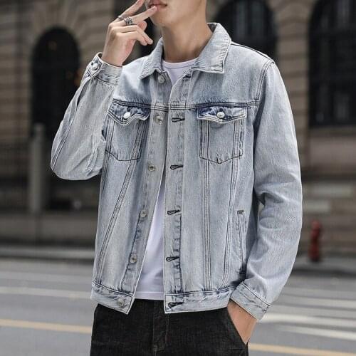 Spring Autumn Denim Coat Men Pockets Light Gray Slim Casual Hip Hop Turn-Down Collar Slim Jacket Tops Wild