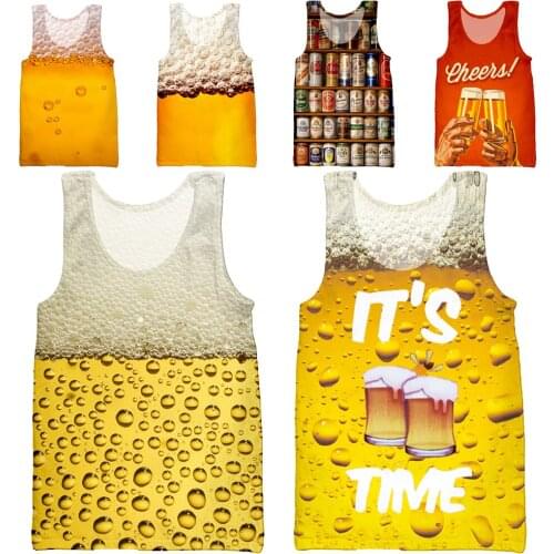 HOXIXIB Beer Vest Summer Popular 3D Polyester Print Drink Men Tank Tops Sleeveless Women Tees Hip Hop Harajuku Beach Undershirt