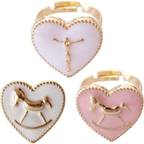 Diameter 16mm Korean Lovely Metal Enamel Wooden Horse Unicorn Jesus Cross Adjustable Rings Cute Heart Shape Finger Rings