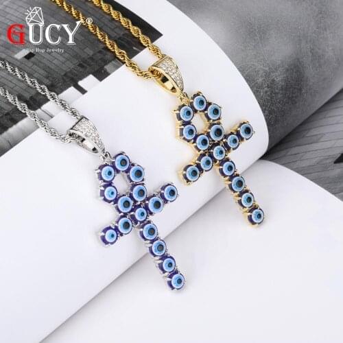 GUCY Iced Zircon Ankh Cross Pendant Gold Silver Color Copper Material CZ Eyes Pendant Necklace Men Women Hip Hop Jewelry